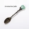 Retro bronze spoon with green aventurine heart top and floral embossed handle - 2cm Aventurine Heart - Brass Color