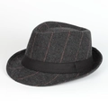 Deep grey herringbone wool fedora hat with orange windowpane check and black ribbon band - Adjustable / Black