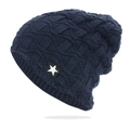 Detail of navy knit beanie showing thick fleece lining and star patch texture - One Size / Navy Blue