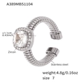 Silver tone stainless steel open ring with 1.1cm square zircon and ribbed band texture - US 7 / Square Zirconia Spiral Open Ring (A389-Steel Color Ring)