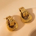 Minimalist gold knot earrings with triple circular interlocking design in polished steel - Gold Triple Nested Rings (BJGE0719)