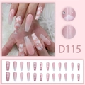Pink coffin fake nails with white clouds and rhinestone bow accents in 24 pieces set - D115 (Glue Type)
