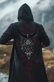 Rear view of Viking hooded cloak featuring crow and Valknut mythology prints - Xjk01025072324