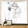 Detail of minimalist line art tapestry showing lovers hugging on white fabric - 73*95CM / Brushed Fabric / SM010-Pinky Swear