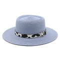 Detail of straw hat with fine texture and black and white cow print ribbon trim - M (56-58cm) / Sky Blue
