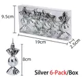 Set of 6 silver Christmas candy ornaments with glitter swirls and top hanging loops - Silver