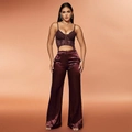 Two-piece burgundy set with lace corset top and wide-leg satin trousers for women - XS / Burgundy