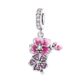 Pink enamel floral charm pendant with sparkling cubic zirconia for DIY bracelets - Cherry Blossom Branch