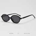 Detail of vintage oval polarized sunglasses with golden striped metal trim on the temple - Glossy Black Frame Grey Lens C7