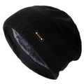 Men's winter knit beanie with thick fleece lining and SPORT leather patch detail - L(58-60cm) / Black