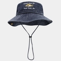 Detailed embroidery of fish and humorous slogan on outdoor navy fishing bucket hat - Washed Navy