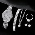 5-piece silver watch jewelry set with full diamond quartz watch and tennis bracelet - Full Star Roman Dial 5-Piece Set / Silver