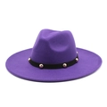 Detail of dark purple fedora featuring a black band with gold studs and wool felt texture - Purple
