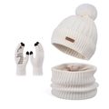 Three-piece winter knit set with white pompom hat, fleece neck warmer, and touch gloves - Three-Piece Set / Cream