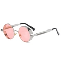 Occhiali da sole steampunk con lenti rosa rotonde, montatura argento e aste a molla - Montatura Argento Rosa Oceano C25