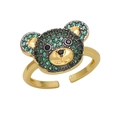 Adjustable gold ring featuring a cute bear head with sparkling green crystals and black eyes - Adjustable Open / Green