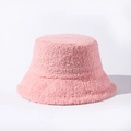 Close-up of the soft pink plush lamb wool fabric texture on a cozy winter bucket hat - One Size (56-58cm/Adjustable) / Pink