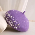 Purple wool beret hat for women featuring elegant white pearls and rhinestone accents - Purple