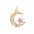 18K gold plated moon and star pendant with zircons and a pink enamel five-point star - Pink Moon Star