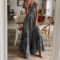 Bohemian paisley print maxi dress with V-neck and elastic high waist for women - S / Top (TS2239) / Gray
