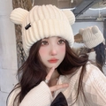 Maillard style cream white knit beanie with bear ears and woven brand label - Bear Label-Beige