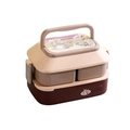 Beige and brown double-layer plastic bento lunch box with cute rabbit pattern and handle - Small / Brown