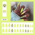Detail of neon green press on nails set with glitter and black line art on almond tips - Rhombus Geometric (W240) / Glue Type