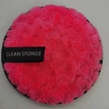 Pink round microfiber makeup remover puff with black trim and Clean Sponge woven label - Rose Red Pineapple Grid