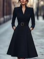 Detail of elegant black V-neck dress featuring a waist belt with a golden square buckle - S / Black