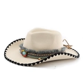 Classic cream western cowboy wool hat with ethnic beaded band and black stitching - M(56-58cm) / Stitched Beige Hat with Black Edge