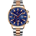 Men's luminous quartz watch with two-tone gold silver band and navy blue dial - Two-tone Band Blue Dial Rose Gold Hands