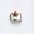 Silver square link charm with golden Christmas bell and red leaf accents in steel - Christmas Bell