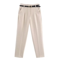 Women's beige high-waisted trousers with black leather belt and elegant draped fabric - XS / Camel