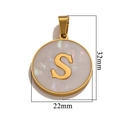 Golden round stainless steel pendant with white shell inlay featuring the letter S - Gold S
