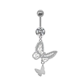 Detailed view of silver butterfly navel ring with crystal accents and faux pearl drop - Silver Double Layer Butterfly Style (#1)
