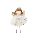 Christmas angel doll ornament with white sequin dress, silver wings and brown hair - White