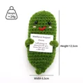 Handmade green knitted emotional support pickle toy with inspirational message card - Autumn Green Pickle Tail Down e