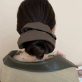 Retro dark brown leather hair tie with square pleated texture for elegant bun styling - Dark Coffee (12# Scrunchie-Dark Coffee)