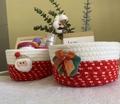 Detail of Christmas-themed red and white woven cotton storage baskets with Santa appliques - Christmas Style Set of 2 15*12cm