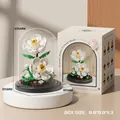 White building block rose display in glass dome with gift box and dimension marking - M3124 Gardenia / 174pcs/Base+Dust Cover Model