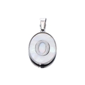 Macro detail of oval stainless steel pendant with white shell inlay and letter O - Steel Letter O