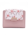 Close-up of pink PU leather wallet with floral print and gold metal buckle detail - Pink