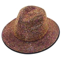 Close-up of golden iridescent rhinestones densely set on a black wide brim fedora hat - Iridescent Gold Amber (03 Color Flat Brim Rhinestone)