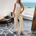 Women's casual v-neck sleeveless beige jumpsuit with pockets for summer style - S / Apricot