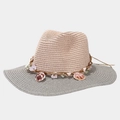 Detail of straw hat featuring sea shells decor and contrasting pink and grey woven textures - One Size / Pink and Gray Brim