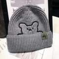 Grey knit beanie featuring cute cartoon bear embroidery and military green side label - One Size / Gray (With Bear Embroidery)