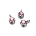 Detail of round pink cubic zirconia pendants with silver stainless steel bases for DIY jewelry - 10 Pieces per Pack / Steel Border Pink Stone