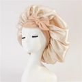 Champagne satin hair bonnet for women featuring a silk bow and wide elastic band for hair care - Large Single Layer Ribbon / Beige