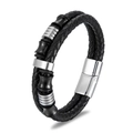 Men's double-layered black braided leather bracelet with silver magnetic clasp on white backdrop - Silver Clasp Black Beads Multi-layer