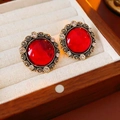 Vintage style round gold earrings with bright red cabochon and crystal halo - Silver Earring Post Clear Crystal Woven Border Stud Earrings